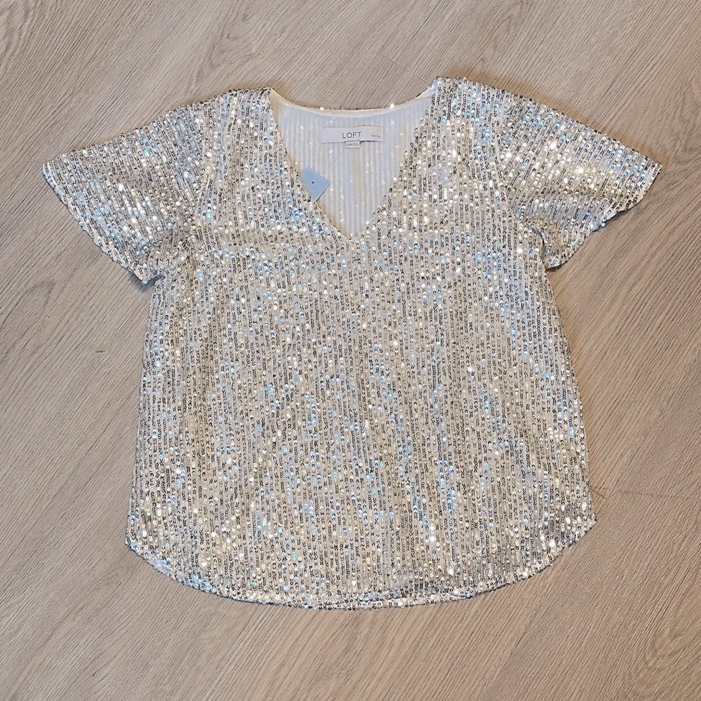 Loft Sequin Short Sleeve Evening Top Women’s XSP Extra Small Petite NWT